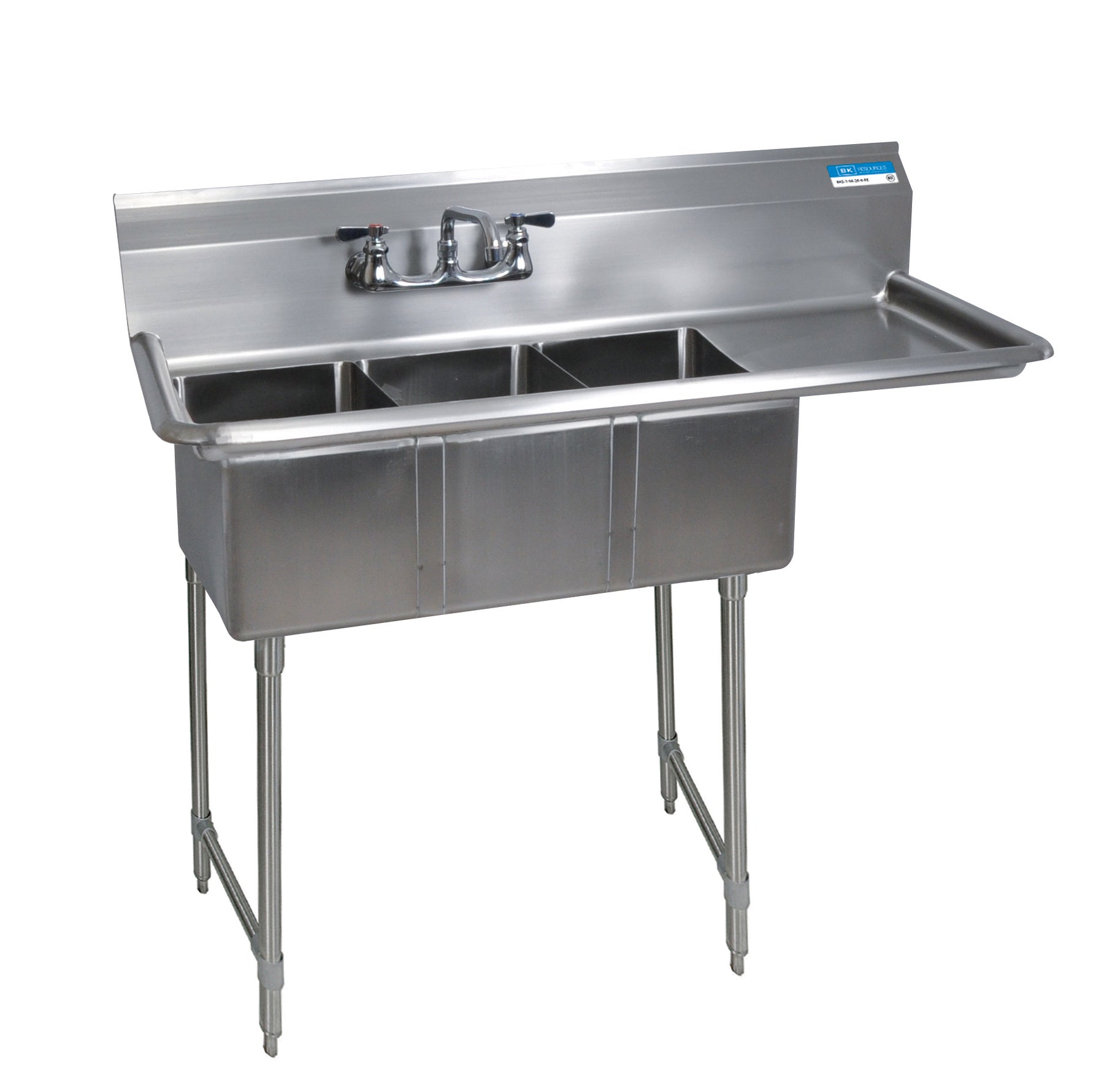 BK Resources 3 Compartment Sink 10 X 14 X 10D 15" Right Drainboard With Stainless Steel Legs & Bracing