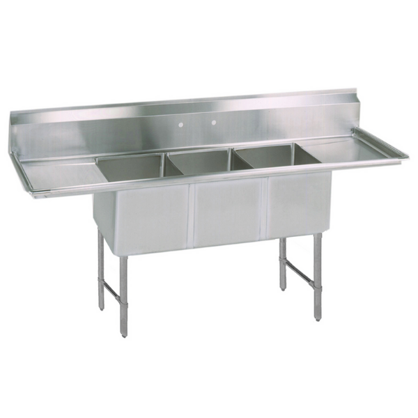 BK Resources 3 Compartment Sink 18 X 24 X 14D 2-24" Dual Drainboards With Stainless Steel Legs & Bracing