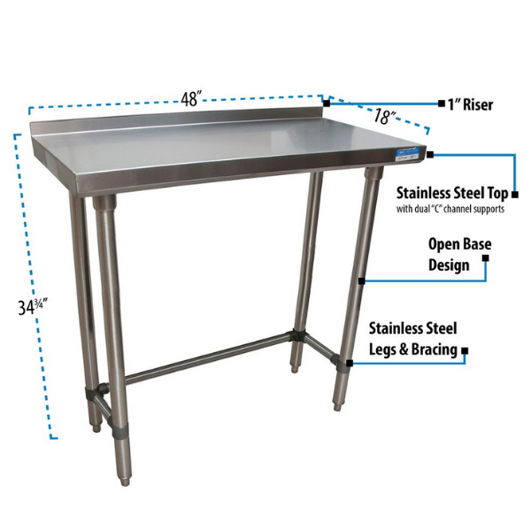 BK Resources (VTTROB-1848) 18" X 48" T-430 18 GA Table Stainless Steel 1.5" Riser Open Base