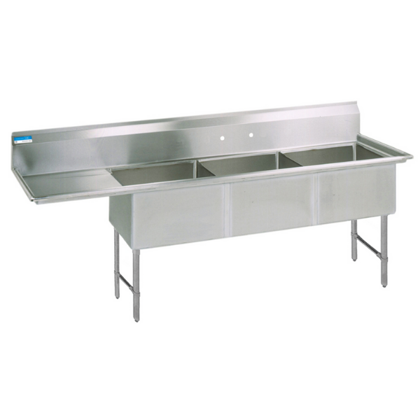 BK Resources 3 Compartment Sink 18 X 18 X 12D 18" Left Drainboard With Stainless Steel Legs & Bracing