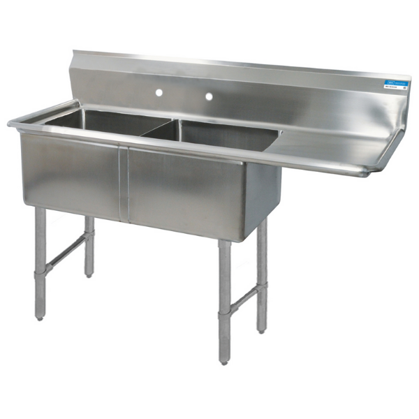 BK Resources 2 Compartment Sink 18 X 18 X 12D 18" Right Drainboard With Stainless Steel Legs & Bracing