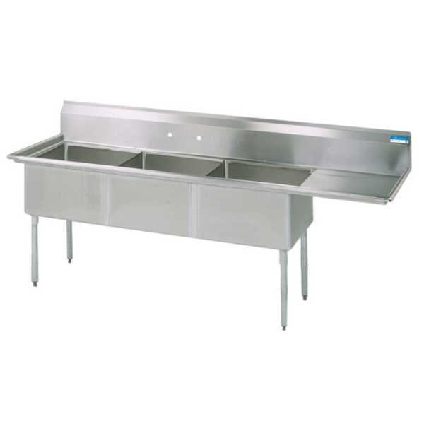 BK Resources 3 Compartment Sink 18 X 18 X 12D 18" Right Drainboard