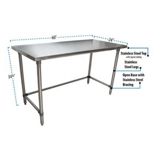 BK Resources (QVTOB-6024) 14 GA. T-304 60 X 24 Table Stainless Steel Open Base