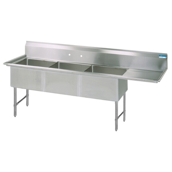 BK Resources 3 Compartment Sink 18 X 18 X 12D 18" Right Drainboard With Stainless Steel Legs & Bracing