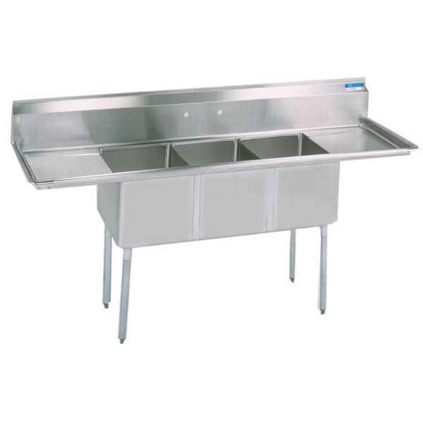BK Resources 3 Compartment Sink 18 X 18 X 12D 2-18" Dual Drainboards