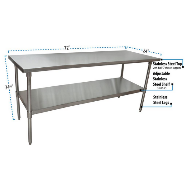 BK Resources (SVT-7224) 72" X 24" T-430 18 GA Stainless Steel Table Top and Base