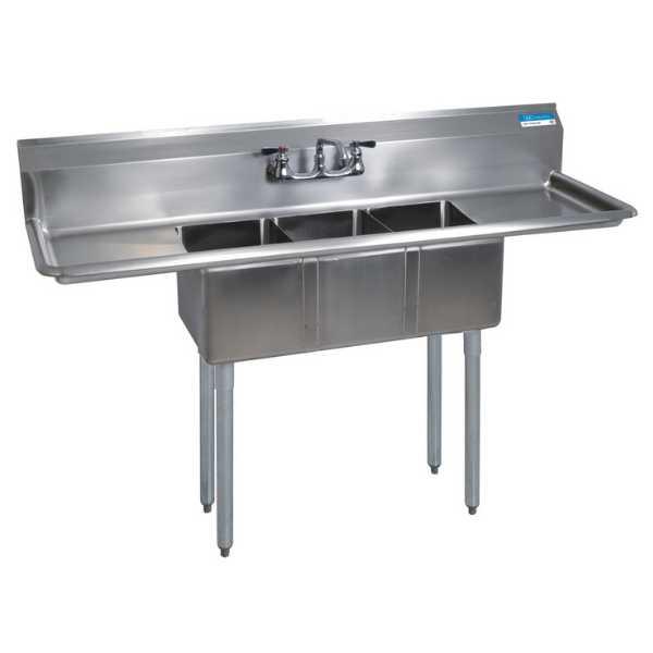 BK Resources 3 Compartment Sink 14 X 16 X 12D 2-12" DB With Stainless Steel Legs & Bracing