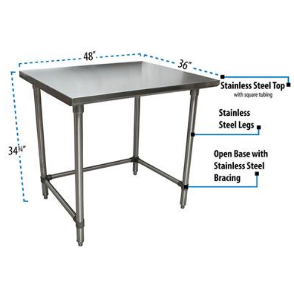 BK Resources (QVTOB-4836) 14 GA. T-304 48 X 36 Table Stainless Steel Open Base