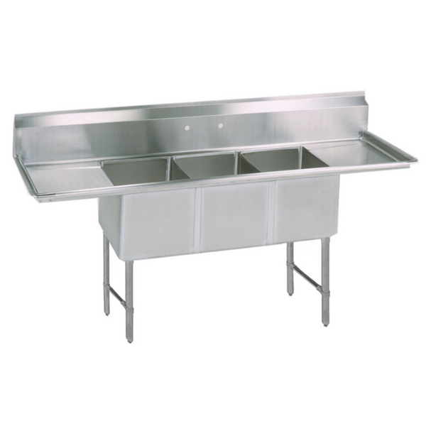 BK Resources 3 Compartment Sink 18 X 18 X 12D 2-18" Dual Drainboards With Stainless Steel Legs & Bracing