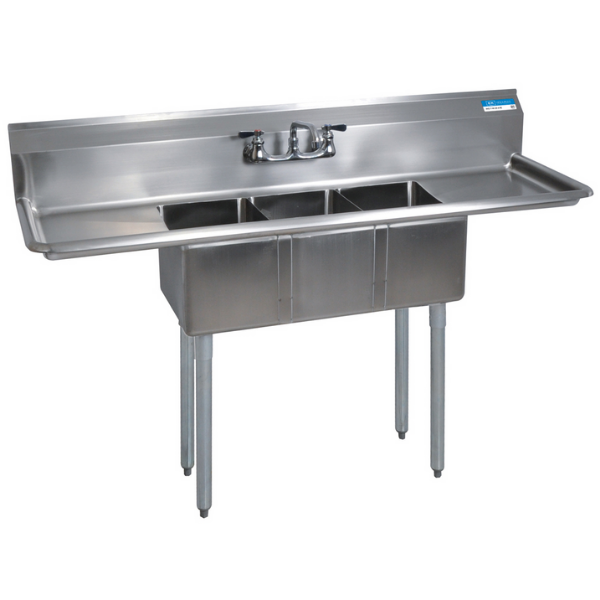 BK Resources 3 Compartment Sink 12 X 20 X 12D 2-12" DB With Stainless Steel Legs & Bracing