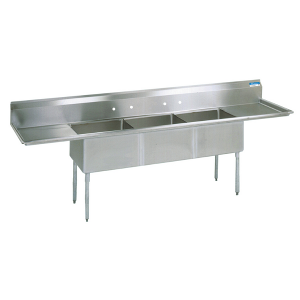 BK Resources 3 Compartment Sink 24 X 24 X 14D 2-24" Dual Drainboards