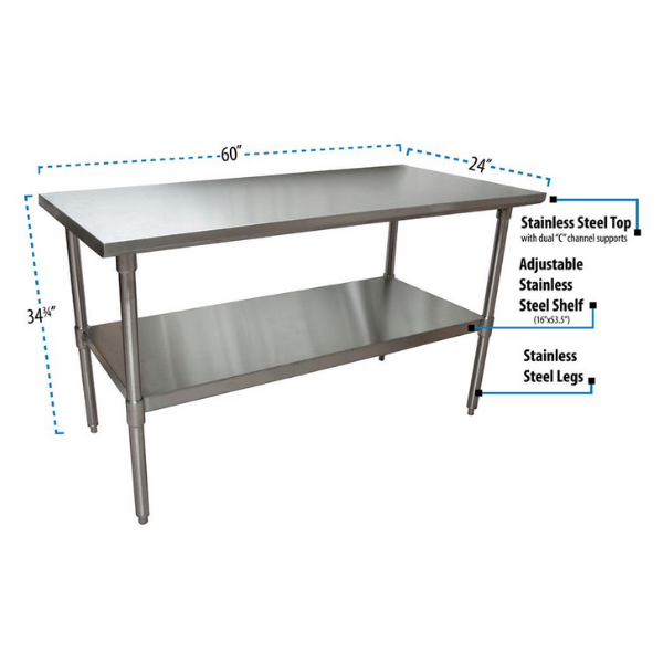 BK Resources (SVT-6024) 60" X 24"T-430 18 GA Stainless Steel Table Top and Base