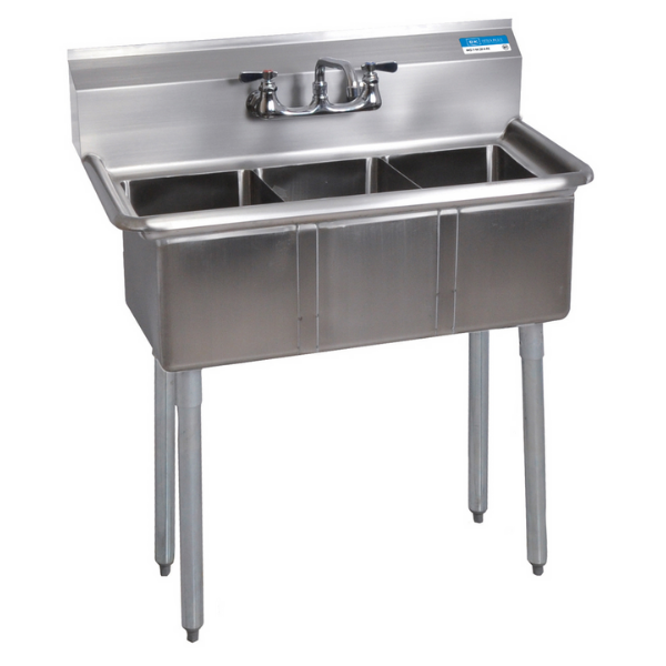 BK Resources 3 Compartment Sink 10 X 14 X 10D NO DB With Stainless Steel Legs & Bracing