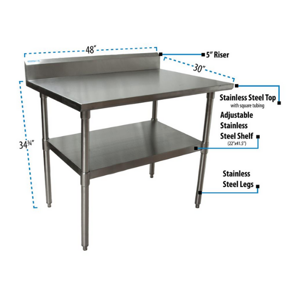 BK Resources (QVTR5-4830) 14 GA. T-304 5" Riser 48 X 30 Table Stainless Steel Base