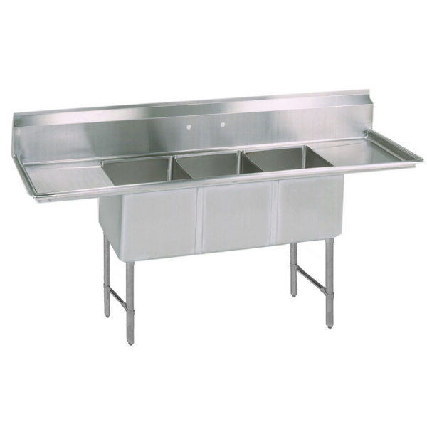 BK Resources 16 GA 3 Compartment Sink 16 X 20 X 14D 2-18" Dual Drainboards