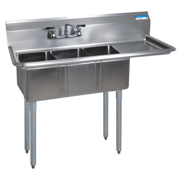 BK Resources 3 Compartment Sink 10 X 14 X 10D 15" Right Drainboard