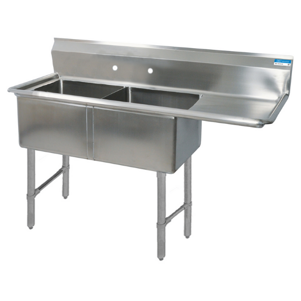 BK Resources 2 Compartment Sink 24 X 24 X 14D 24" Right Drainboard With Stainless Steel Legs & Bracing