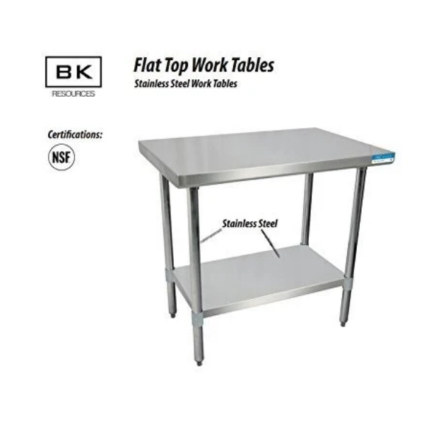 BK Resources T-430 Stainless Steel Flat Top Work Table w/ Stainless Steel Leg & Undershelf NSF Approval SVT-1824-09