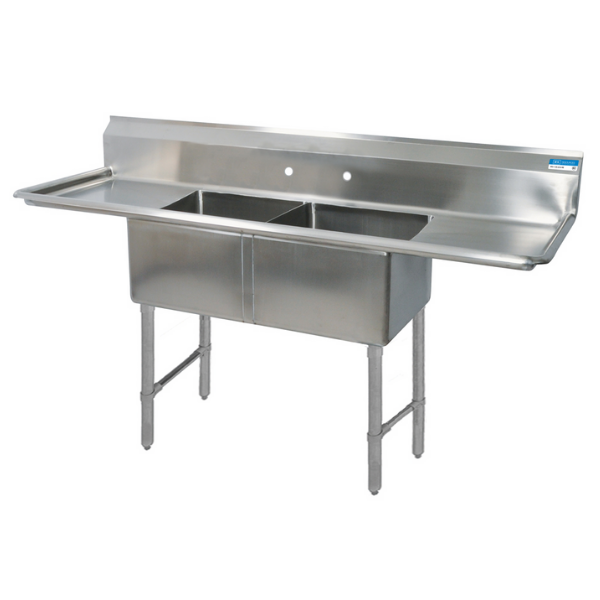 BK Resources 2 Compartment Sink 24 X 24 X 14D 2-24" Dual Drainboards With Stainless Steel Legs & Bracing