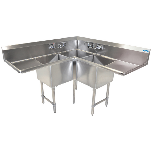 BK Resources Corner Sink, 3 Compartment 24 X 24 X14 Bowls, 2-24 Dual Drainboards