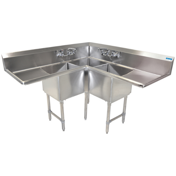 BK Resources Corner Sink, 3 Compartment 18 X 18 X 14 Bowls, 2-24 Dual Drainboards With Stainless Steel Legs & Bracing