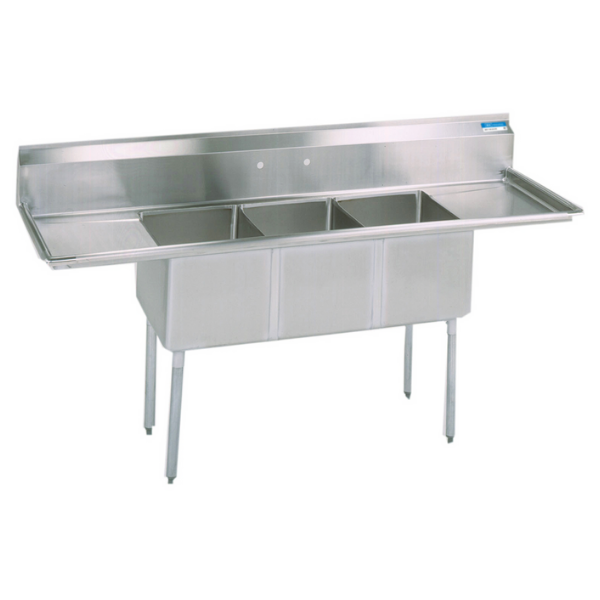BK Resources 3 Compartment Sink 15 X 15 X 14D 2-15" Dual Drainboards