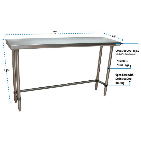 BK Resources (SVTOB-1872) 18" X 72" T-430 18 GA Stainless Steel Table Top Open Base