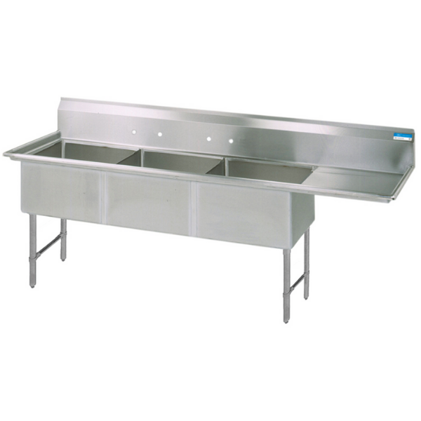 BK Resources 16 GA 3 Compartment Sink 24 X 24 X 14D Bowls, Right Drainboard
