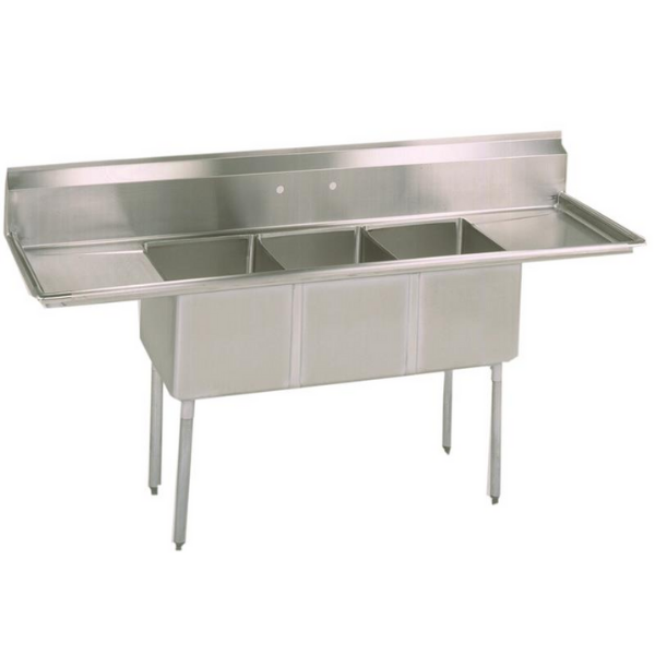 BK Resources Economy 3 Compartment Sink 18 X 18 X 12D 2-18" Dual Drainboards