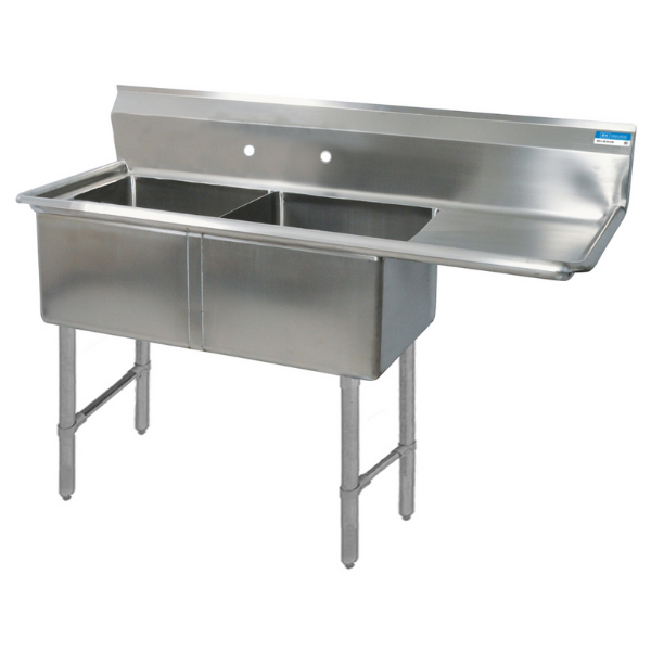 BK Resources 16 GA 2 Compartment Sink 18 X 18 X 14D Bowls, Right Drainboard