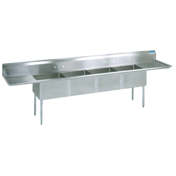 BK Resources 4 Compartment Sink 16 X 20 X 14D 2-18" Dual Drainboards With Stainless Steel Legs & Bracing