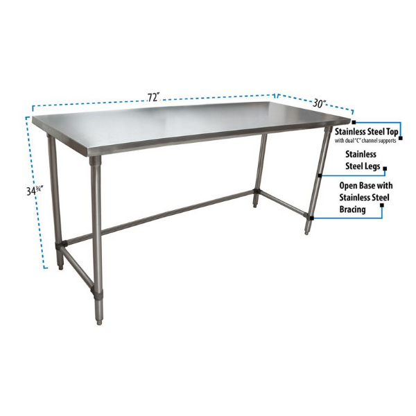 BK Resources (SVTOB-7230) 72" X 30" T-430 18 GA Stainless Steel Table Top Open Base