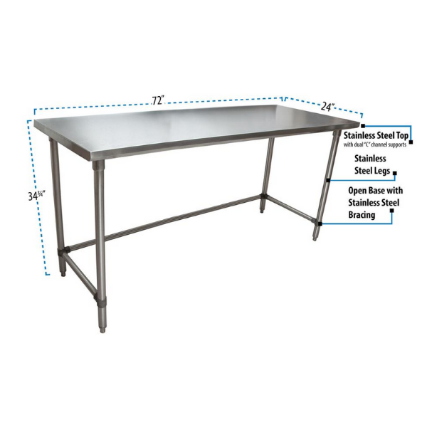 BK Resources (SVTOB-7224) 72" X 24" T-430 18 GA Stainless Steel Table Top Open Base