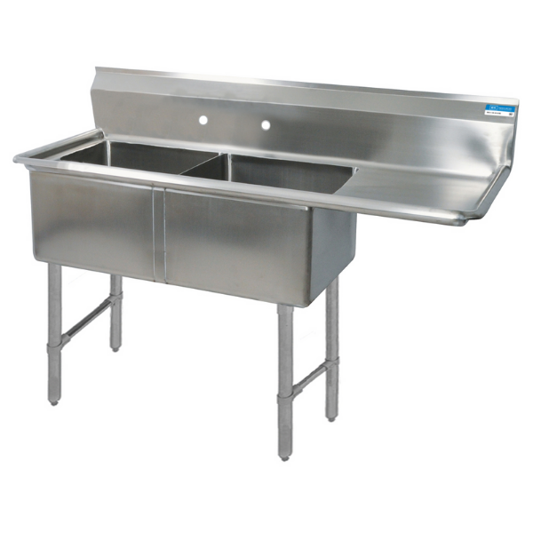 BK Resources 16 GA 2 Compartment Sink 24 X 24 X 14D Bowls, Right Drainboard