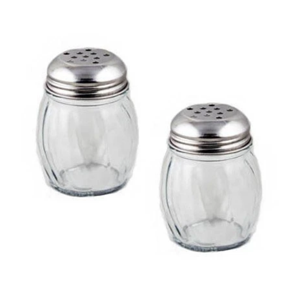 NEW, 6 oz. (Ounce) Swirl Glass Cheese Shaker, Pepper Spice Shaker w/ Perforated Stainless Steel Lid - Set of 2
