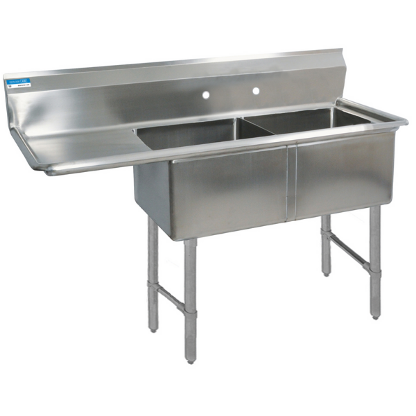 BK Resources 2 Compartment Sink 16 X 20 X 12D 18" Left Drainboard With Stainless Steel Legs & Bracing