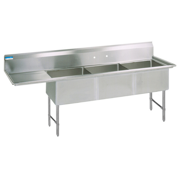 BK Resources 3 Compartment Sink 15 X 15 X 14D 15" Left Drainboard With Stainless Steel Legs & Bracing