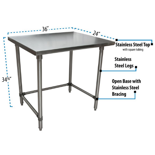 BK Resources (QVTOB-3624) 14 GA. T-304 36 X 24 Table Stainless Steel Open Base
