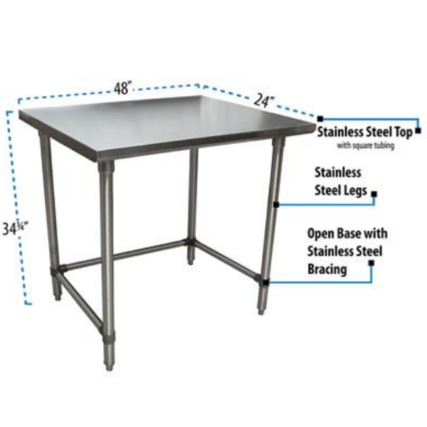 BK Resources (QVTOB-4824) 14 GA. T-304 48 X 24 Table Stainless Steel Open Base