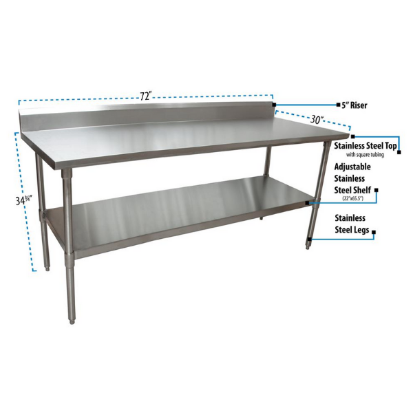 BK Resources (QVTR5-7230) 14 GA. T-304 5" Riser 72 X 30 Table Stainless Steel Base