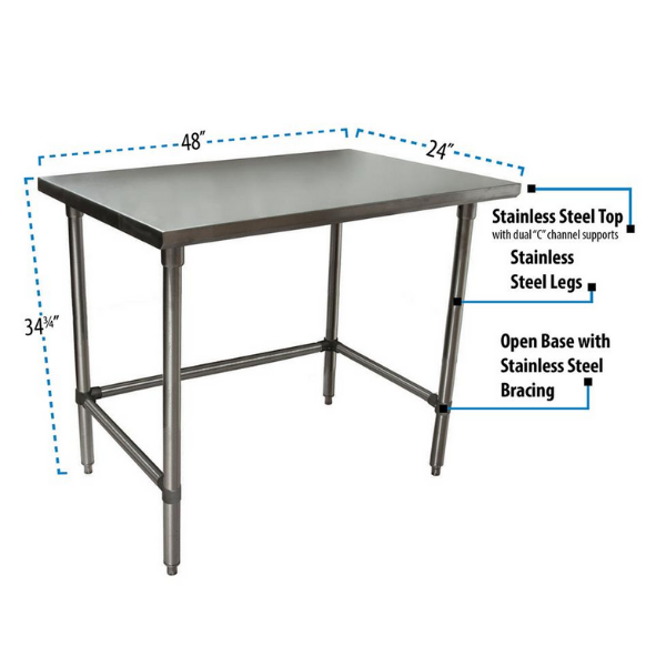 BK Resources (SVTOB-4824) 48" X 24" T-430 18 GA Stainless Steel Table Top Open Base