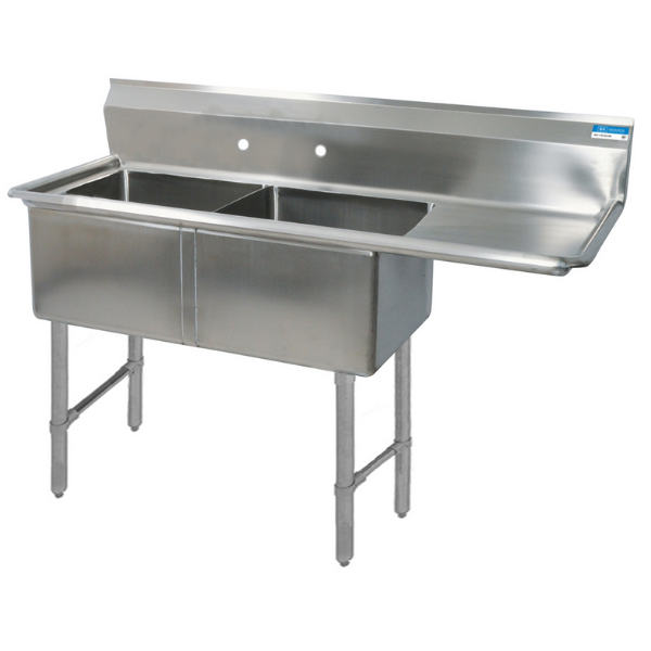 BK Resources 2 Compartment Sink 16 X 20 X 12D 18" Right Drainboard With Stainless Steel Legs & Bracing