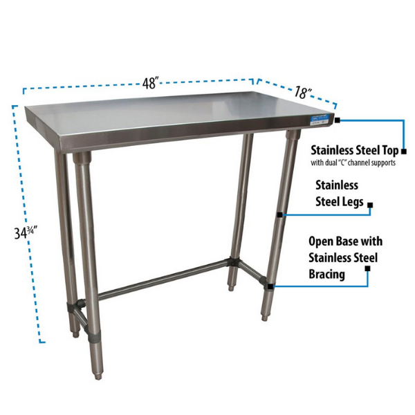 BK Resources (SVTOB-1848) 18" X 48" T-430 18 GA Stainless Steel Table Top Open Base