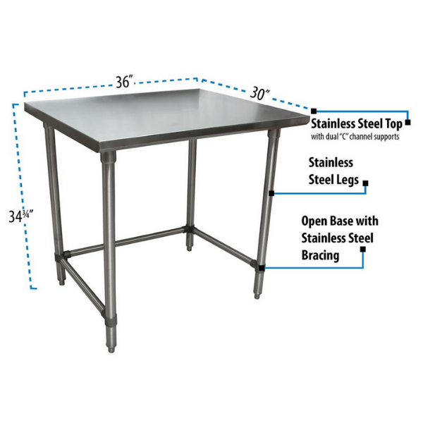 BK Resources (SVTOB-3630) 36" X 30" T-430 18 GA Stainless Steel Table Top Open Base