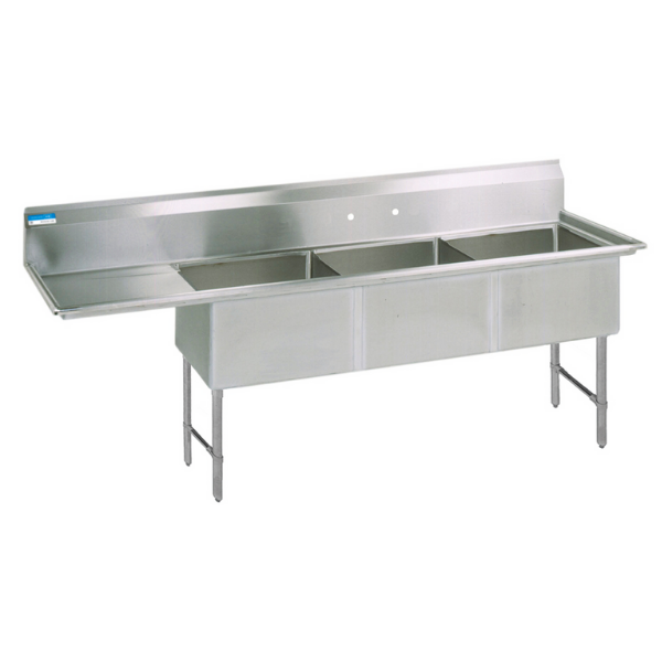 BK Resources 3 Compartment Sink 18 X 24 X 14D 24" Left Drainboard With Stainless Steel Legs & Bracing