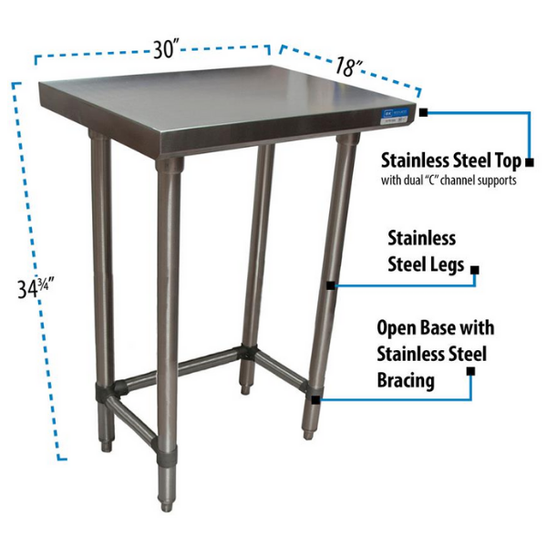 BK Resources (SVTOB-1830) 18" X 30" T-430 18 GA Stainless Steel Table Top Open Base