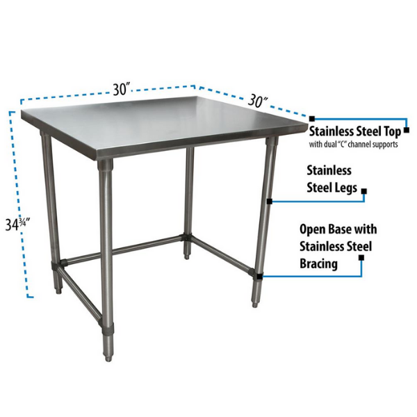 BK Resources (SVTOB-3030) 30" X 30" T-430 18 GA Stainless Steel Table Top Open Base
