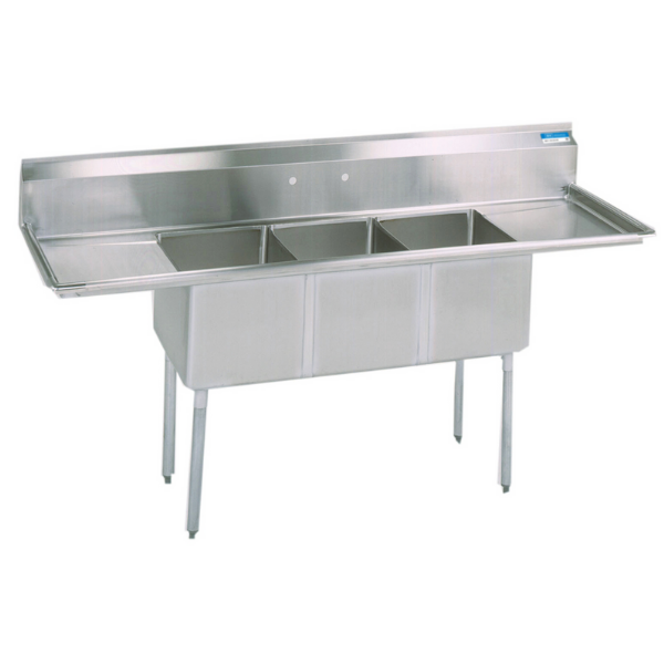 BK Resources 3 Compartment Sink 16 X 20 X 12D 2-18" Dual Drainboards