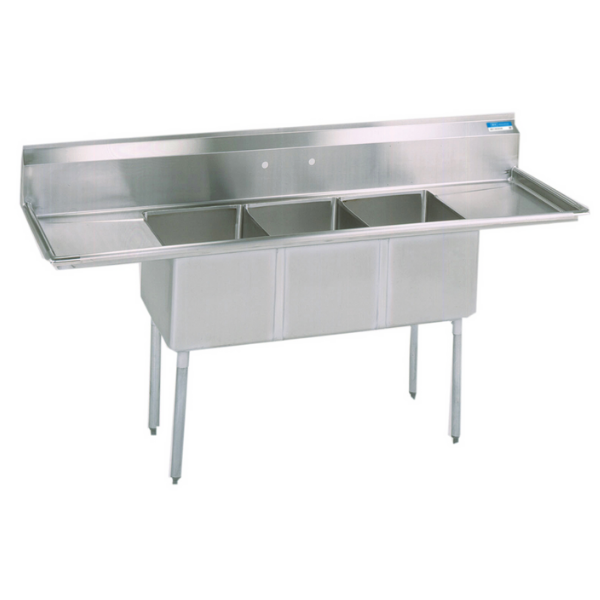 BK Resources 3 Compartment Sink 16 X 20 X 14D 2-18" Dual Drainboards